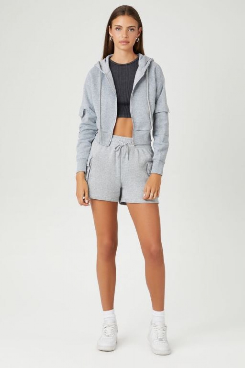 Sudadera con Capucha Forever 21 Flap Pocket Fleece Zip Up Mujer Gris | YPJzGN8nrTG