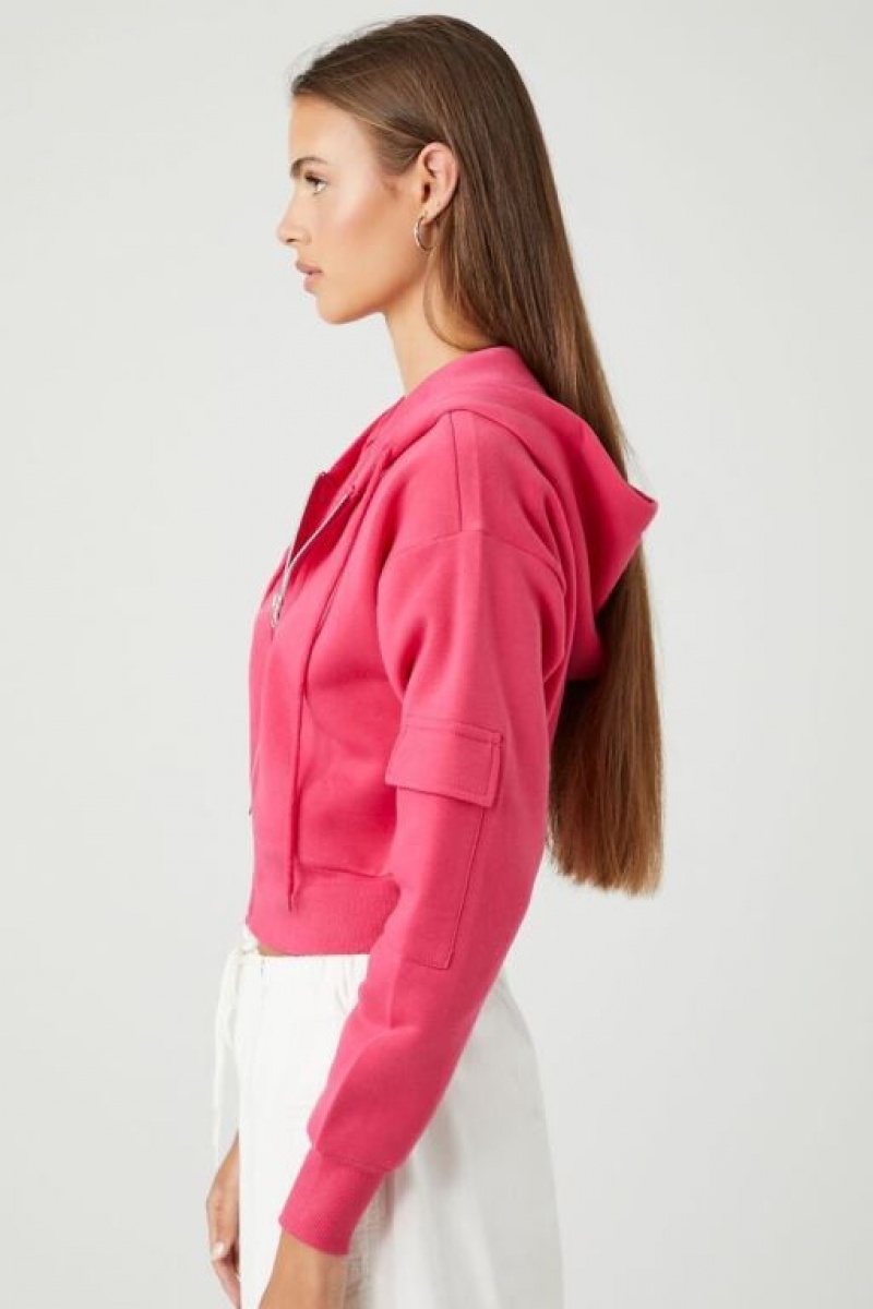 Sudadera con Capucha Forever 21 Flap Pocket Fleece Zip Up Mujer Magenta | iJSW4nd8ctI