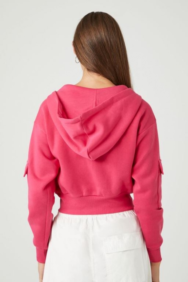 Sudadera con Capucha Forever 21 Flap Pocket Fleece Zip Up Mujer Magenta | iJSW4nd8ctI