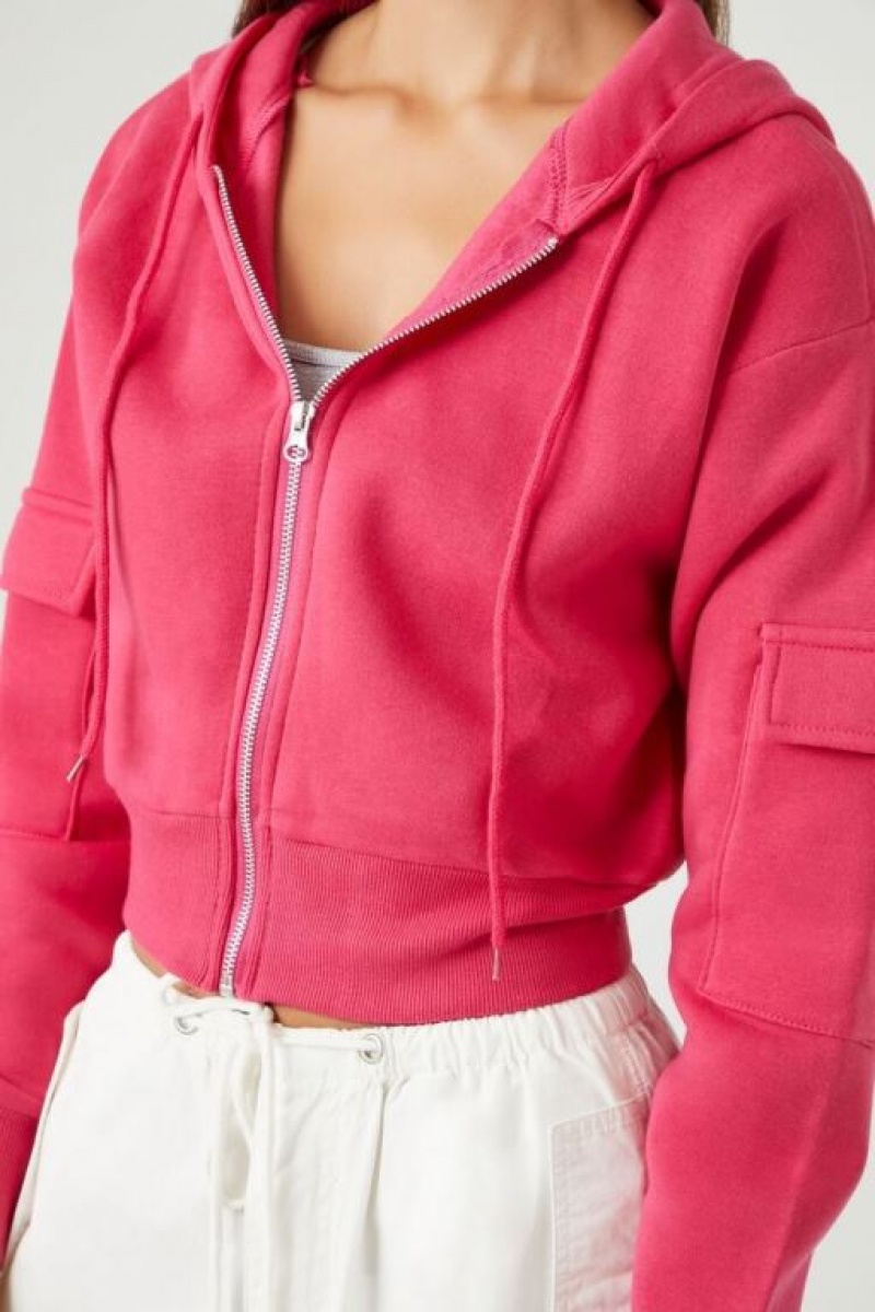 Sudadera con Capucha Forever 21 Flap Pocket Fleece Zip Up Mujer Magenta | iJSW4nd8ctI