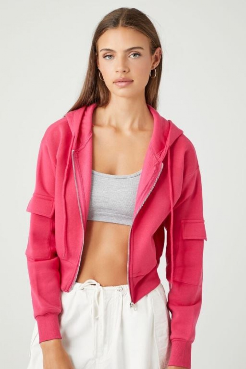 Sudadera con Capucha Forever 21 Flap Pocket Fleece Zip Up Mujer Magenta | iJSW4nd8ctI