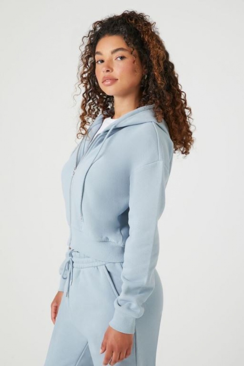 Sudadera con Capucha Forever 21 Fleece Cropped Zip Up Mujer Azules | XABFiqmL1lI