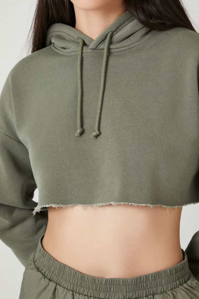 Sudadera con Capucha Forever 21 Fleece Cropped Mujer Verde Oliva Oscuro | rFI0xZ8l54R