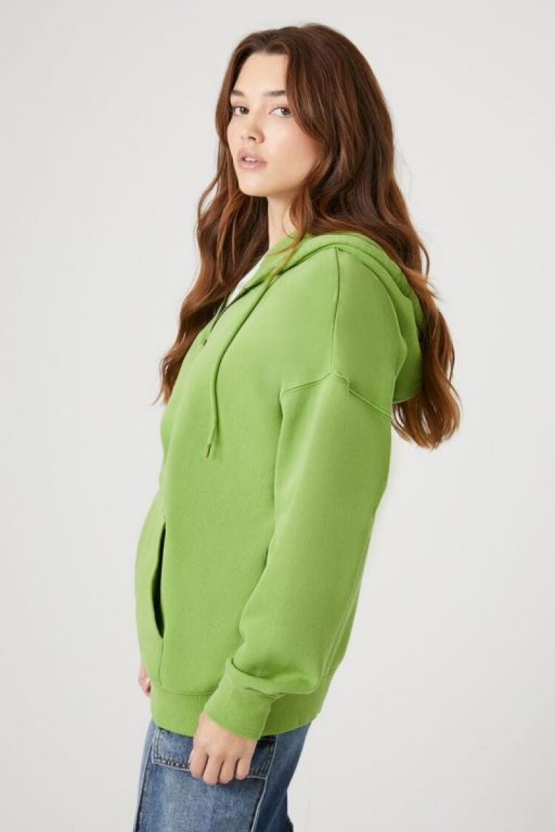 Sudadera con Capucha Forever 21 Fleece Drawstring Zip Up Mujer Verde | YVcba57N3hv