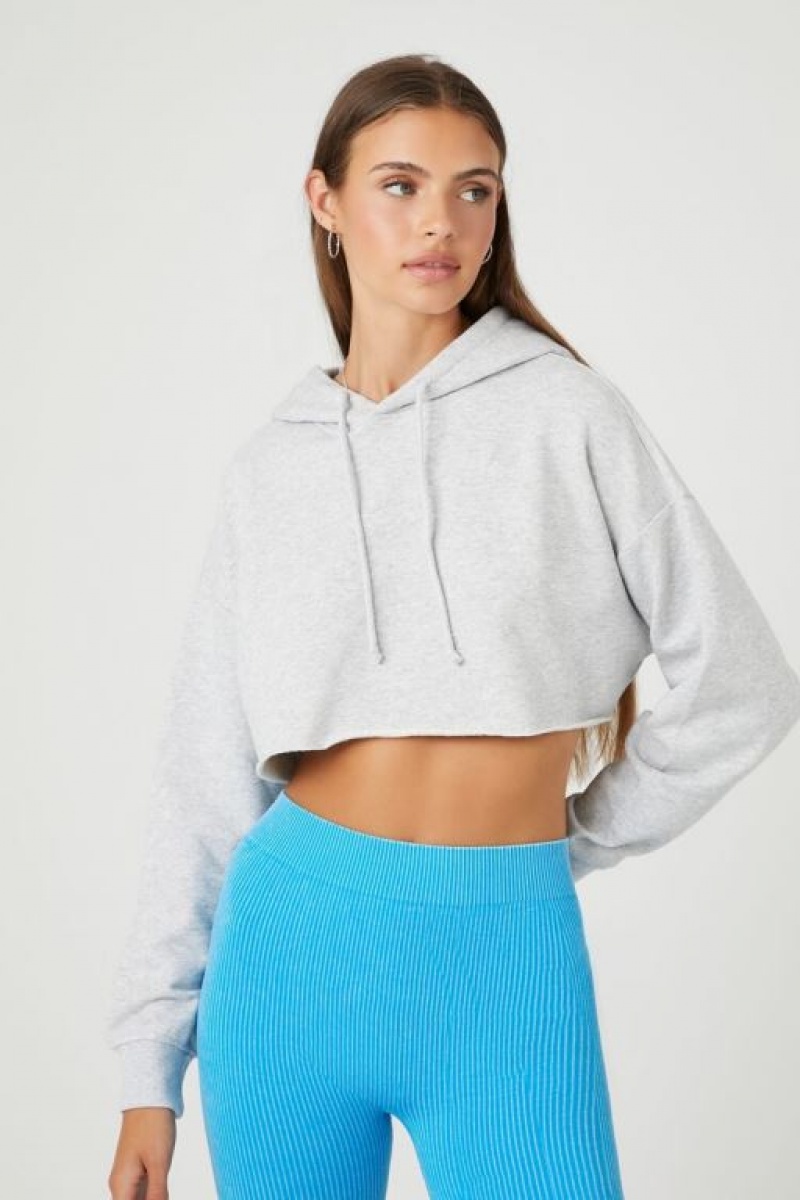 Sudadera con Capucha Forever 21 Fleece Raw Cut Cropped Mujer Gris | pOTGr6IzdU4