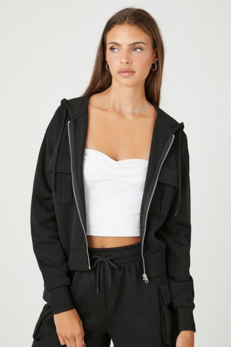 Sudadera con Capucha Forever 21 Fleece Zip Up Cropped Mujer Negras | H0xqXbBO3MG