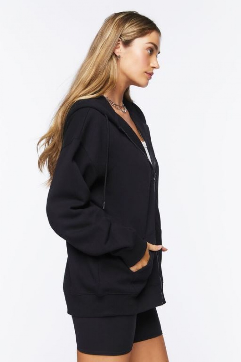 Sudadera con Capucha Forever 21 Fleece Zip Up Mujer Negras | HvizKfAO7DU