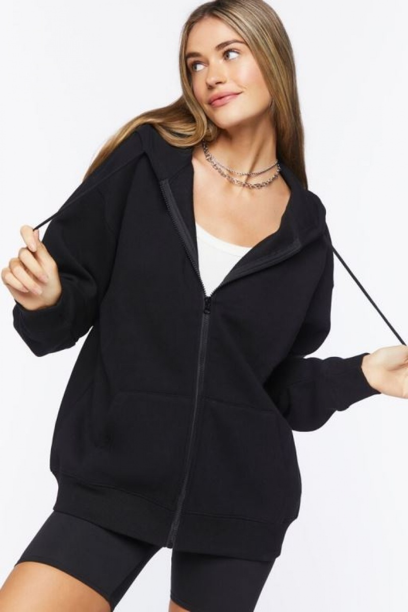 Sudadera con Capucha Forever 21 Fleece Zip Up Mujer Negras | HvizKfAO7DU