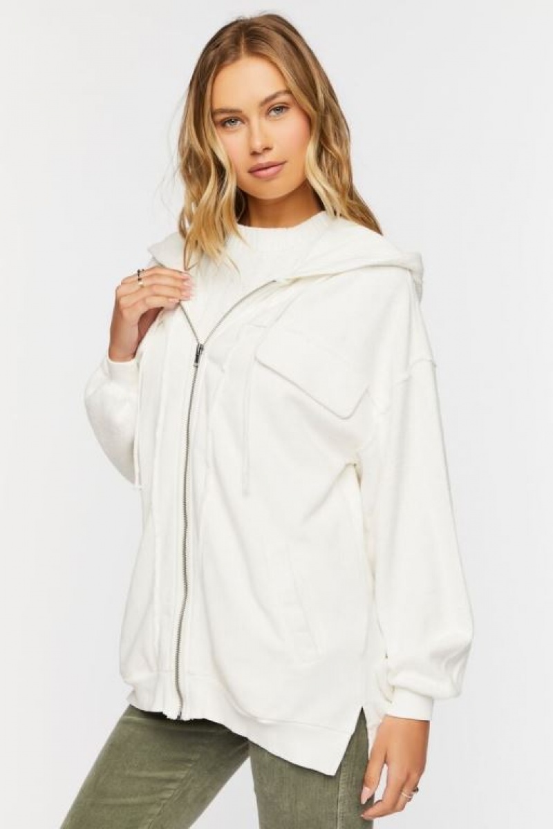 Sudadera con Capucha Forever 21 Fleece Zip Up Mujer Creme | txjHVdg7JAX