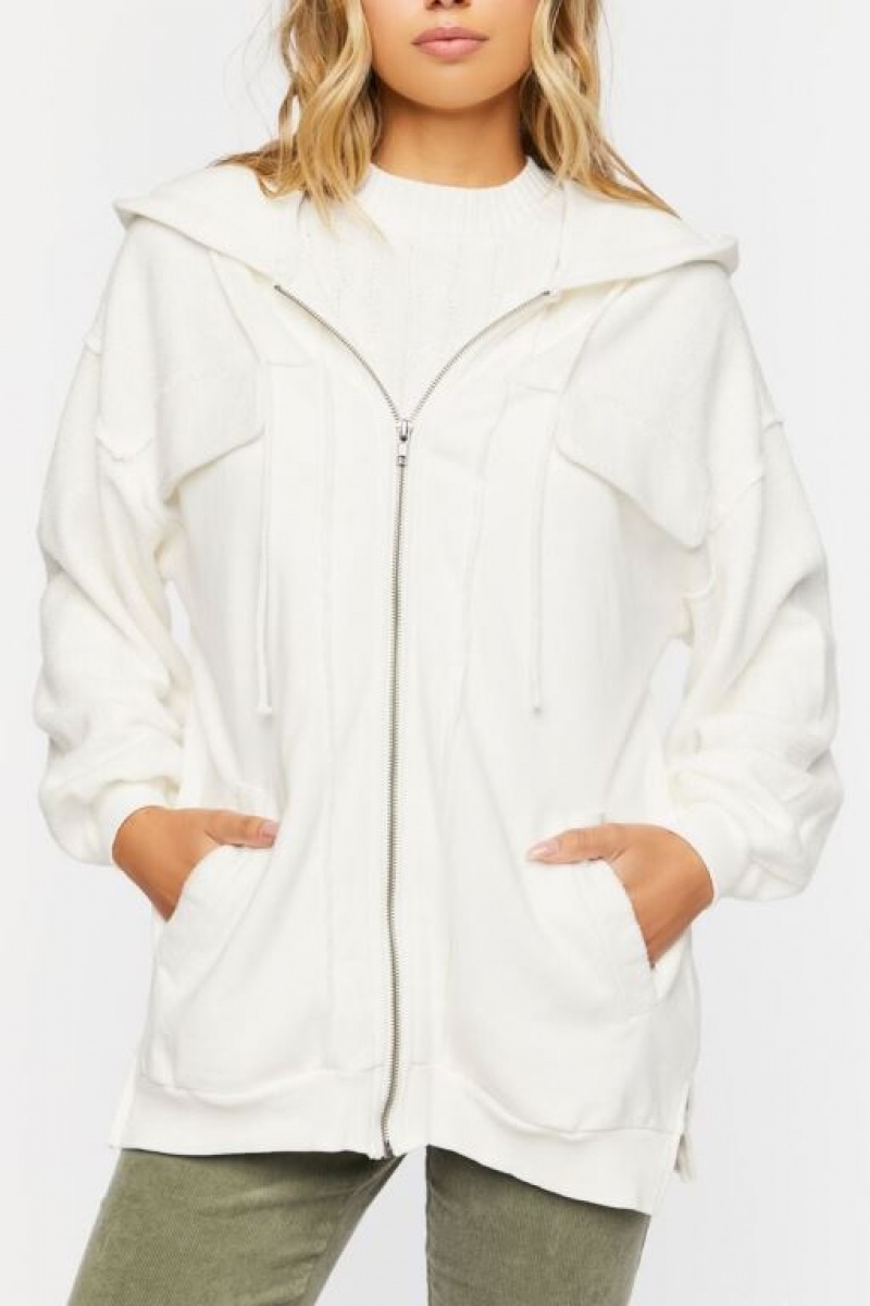 Sudadera con Capucha Forever 21 Fleece Zip Up Mujer Creme | txjHVdg7JAX