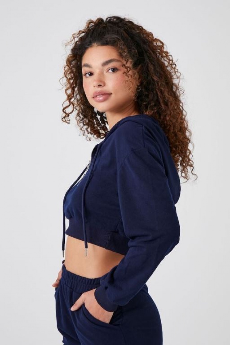 Sudadera con Capucha Forever 21 French Terry Cropped Mujer Azul Marino | 95qWTEqwSf2