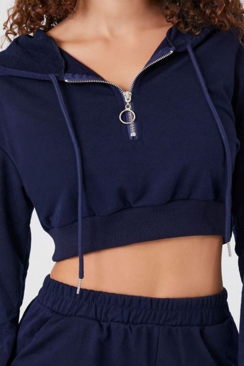 Sudadera con Capucha Forever 21 French Terry Cropped Mujer Azul Marino | 95qWTEqwSf2