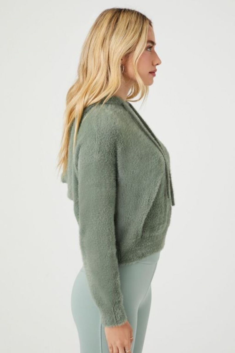 Sudadera con Capucha Forever 21 Fuzzy Knit Mujer Verde | HvMubopqCuo