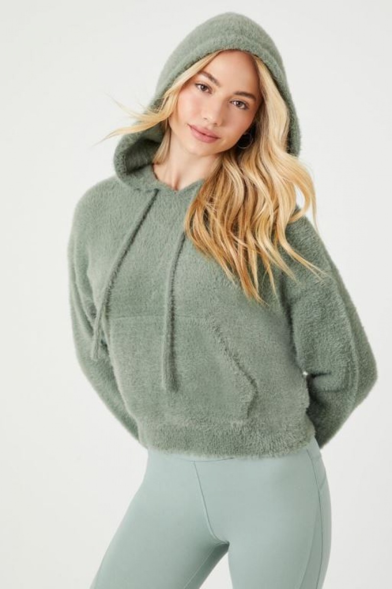 Sudadera con Capucha Forever 21 Fuzzy Knit Mujer Verde | HvMubopqCuo