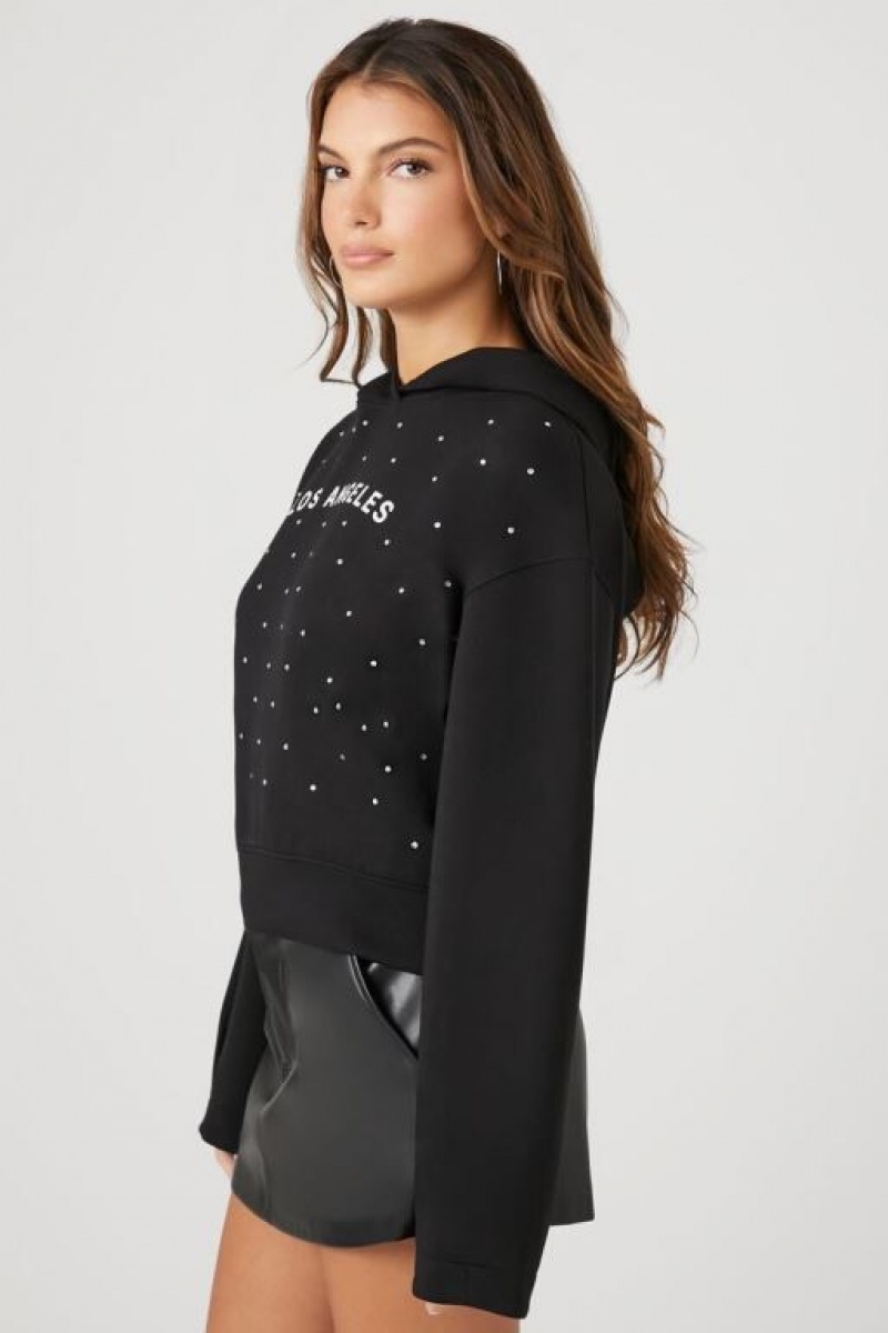 Sudadera con Capucha Forever 21 Los Angeles Rhinestone Mujer Negras Blancas | M1RIZM6LbY4