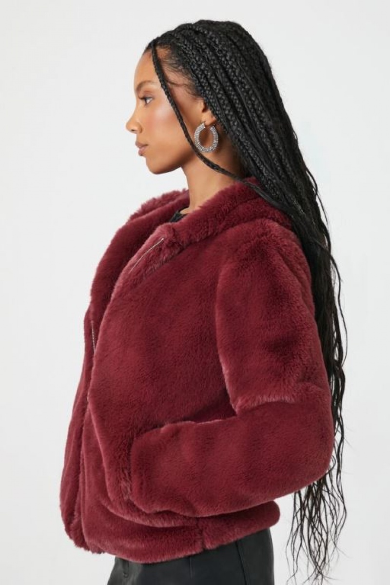 Sudadera con Capucha Forever 21 Plush Faux Fur Zip Up Mujer Burdeos | ekEc8YPJ7fU