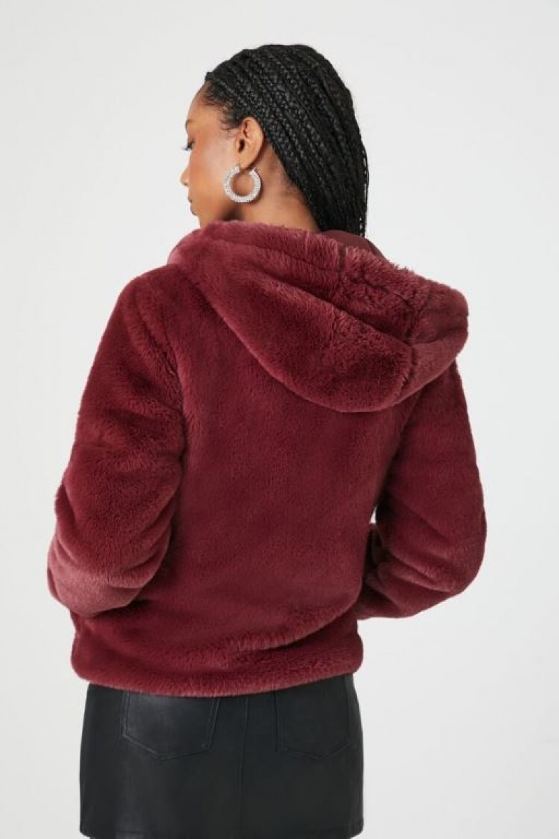 Sudadera con Capucha Forever 21 Plush Faux Fur Zip Up Mujer Burdeos | ekEc8YPJ7fU