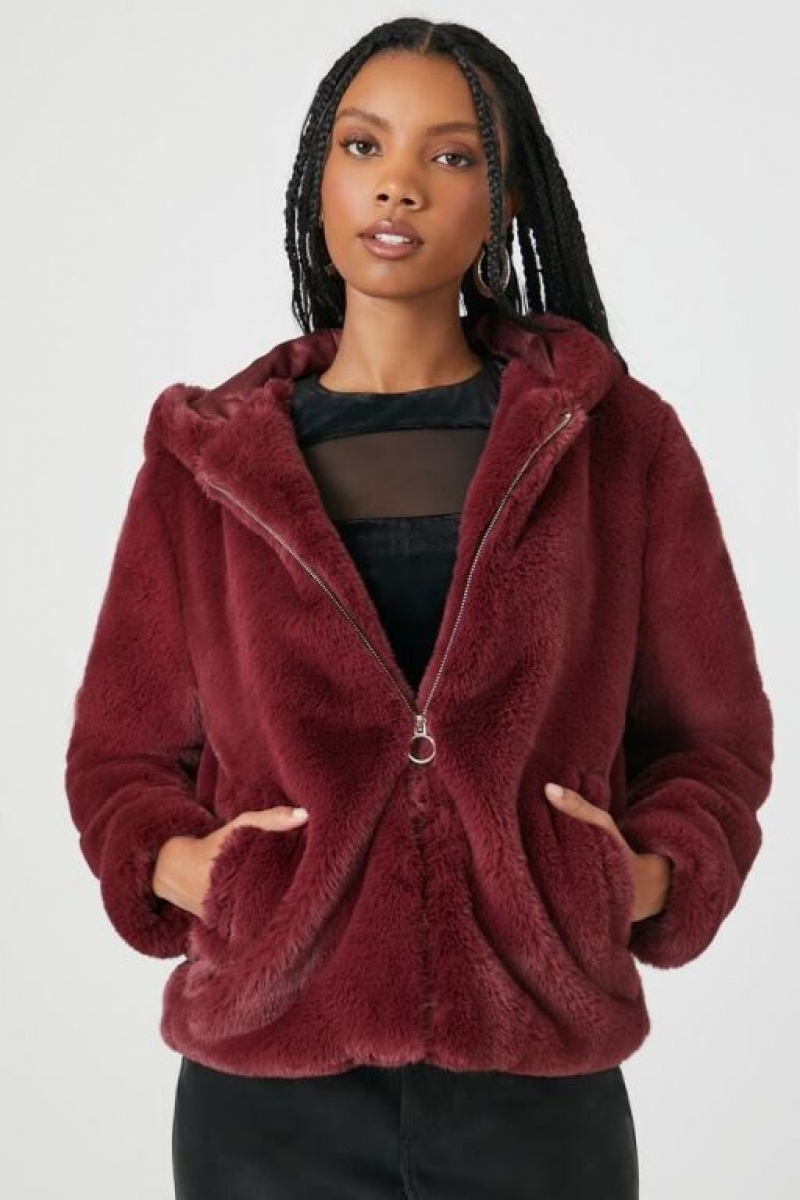 Sudadera con Capucha Forever 21 Plush Faux Fur Zip Up Mujer Burdeos | ekEc8YPJ7fU