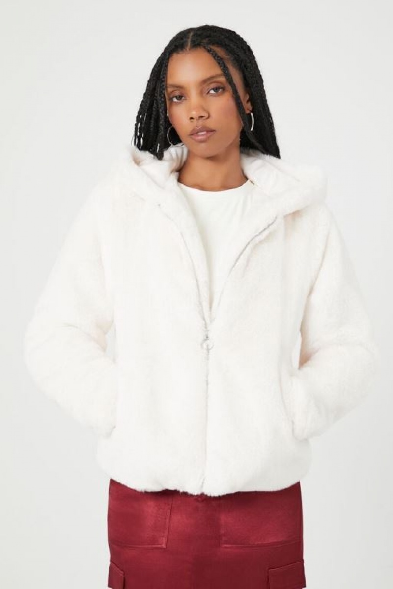 Sudadera con Capucha Forever 21 Plush Faux Fur Zip Up Mujer Blancas | okFlv9k4bLx