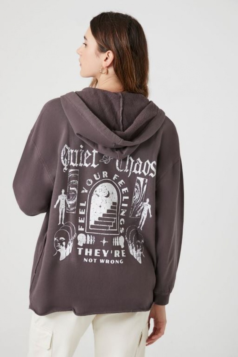 Sudadera con Capucha Forever 21 Quiet Chaos Zip Up Mujer Gris Multicolor | T3BebtPUjfq