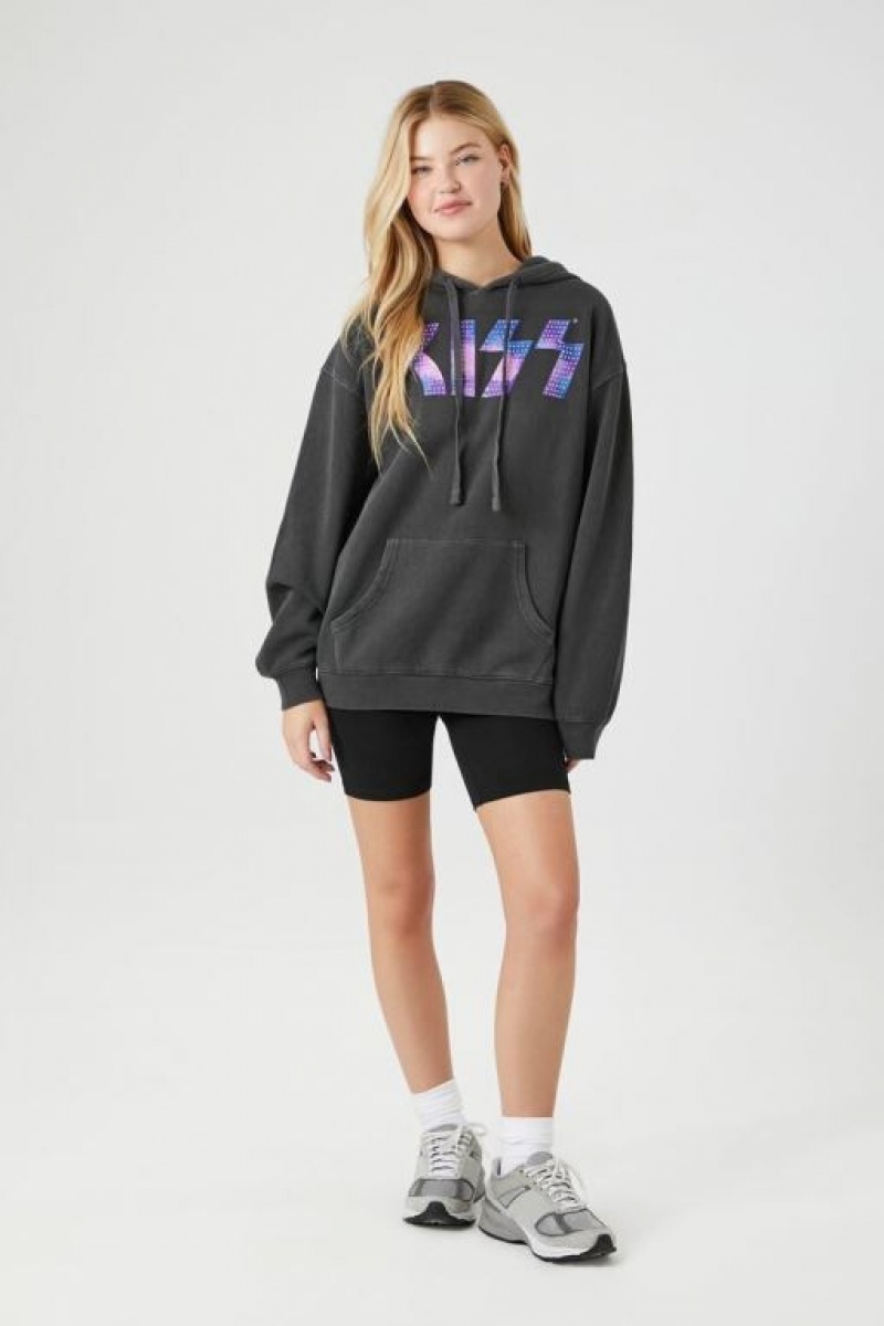 Sudadera con Capucha Forever 21 Rhinestone Kiss Fleece Estampadas Mujer Negras Multicolor | H8nnkylWZyb