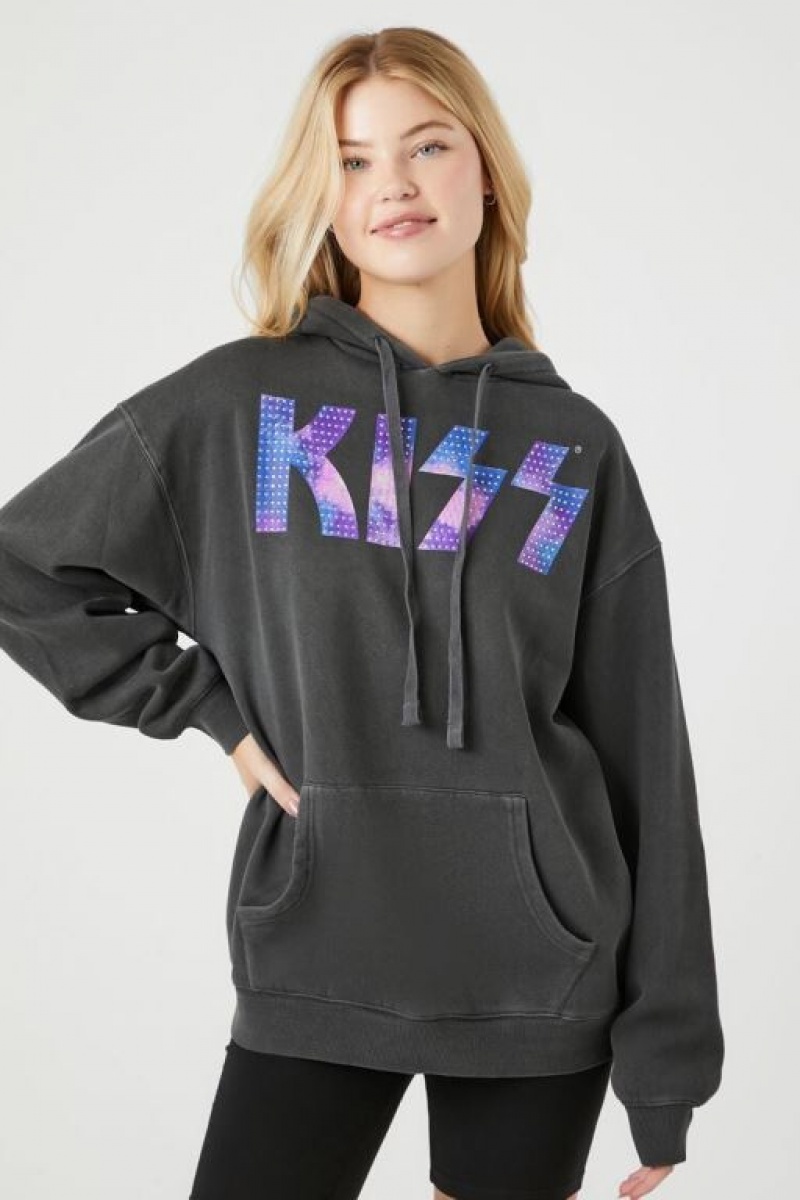 Sudadera con Capucha Forever 21 Rhinestone Kiss Fleece Estampadas Mujer Negras Multicolor | H8nnkylWZyb