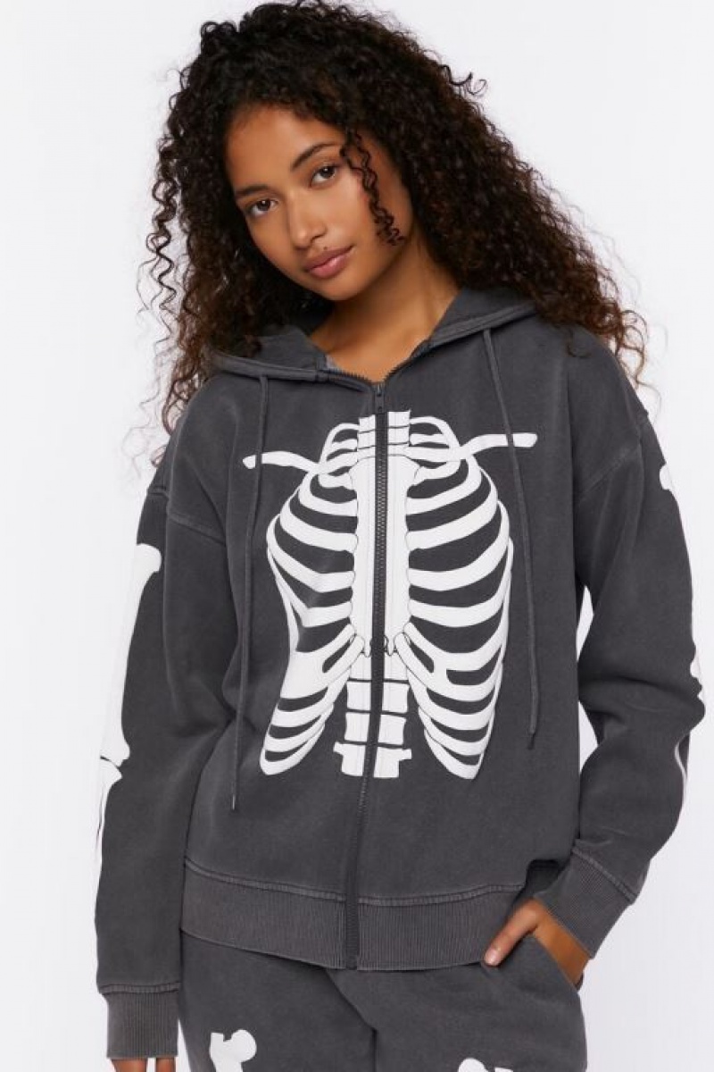 Sudadera con Capucha Forever 21 Skeleton Zip Up Mujer Gris Blancas | 9wC1GlFEC2T