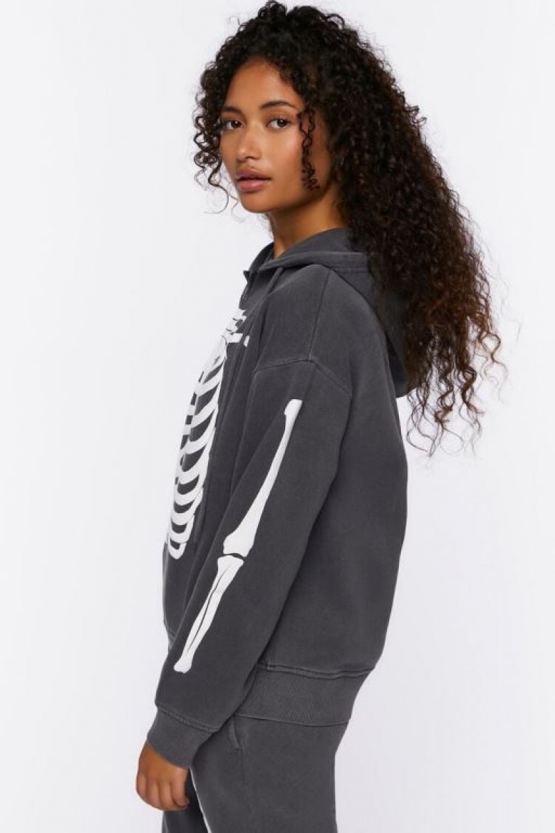 Sudadera con Capucha Forever 21 Skeleton Zip Up Mujer Gris Blancas | 9wC1GlFEC2T