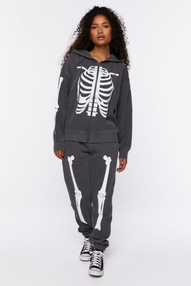 Sudadera con Capucha Forever 21 Skeleton Zip Up Mujer Gris Blancas | 9wC1GlFEC2T