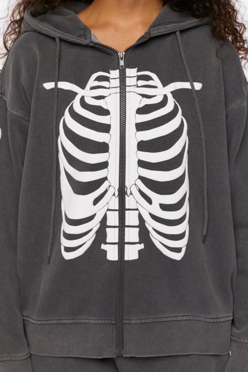 Sudadera con Capucha Forever 21 Skeleton Zip Up Mujer Gris Blancas | 9wC1GlFEC2T