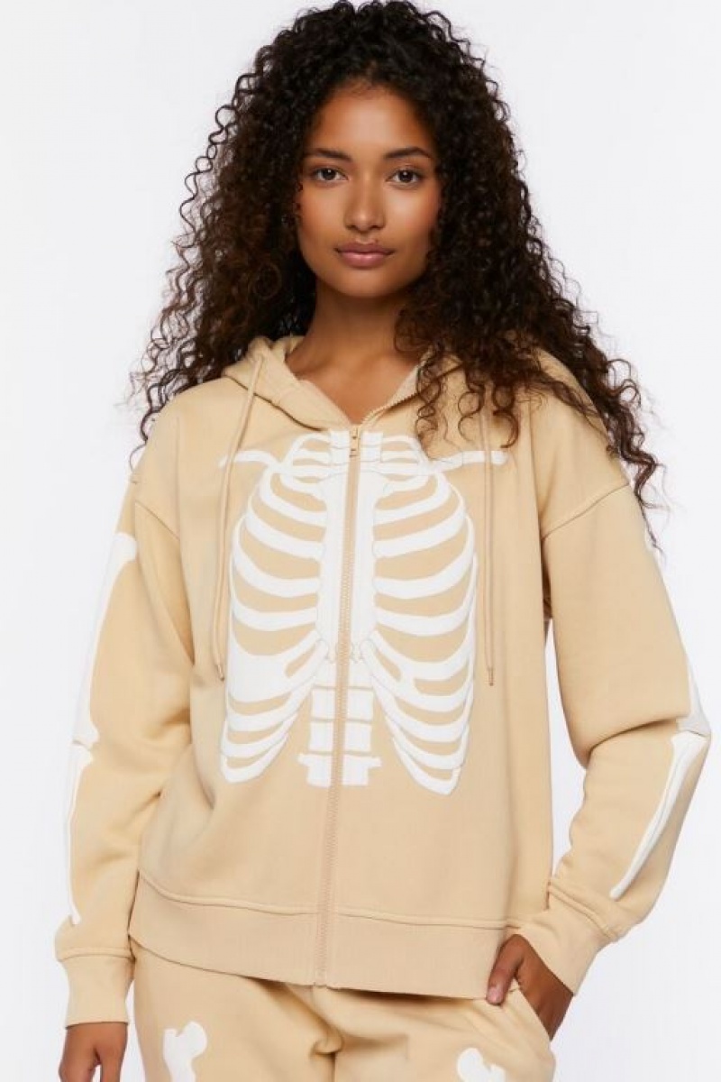 Sudadera con Capucha Forever 21 Skeleton Zip Up Mujer Gris Marrones Blancas | OtgwizHOXpd