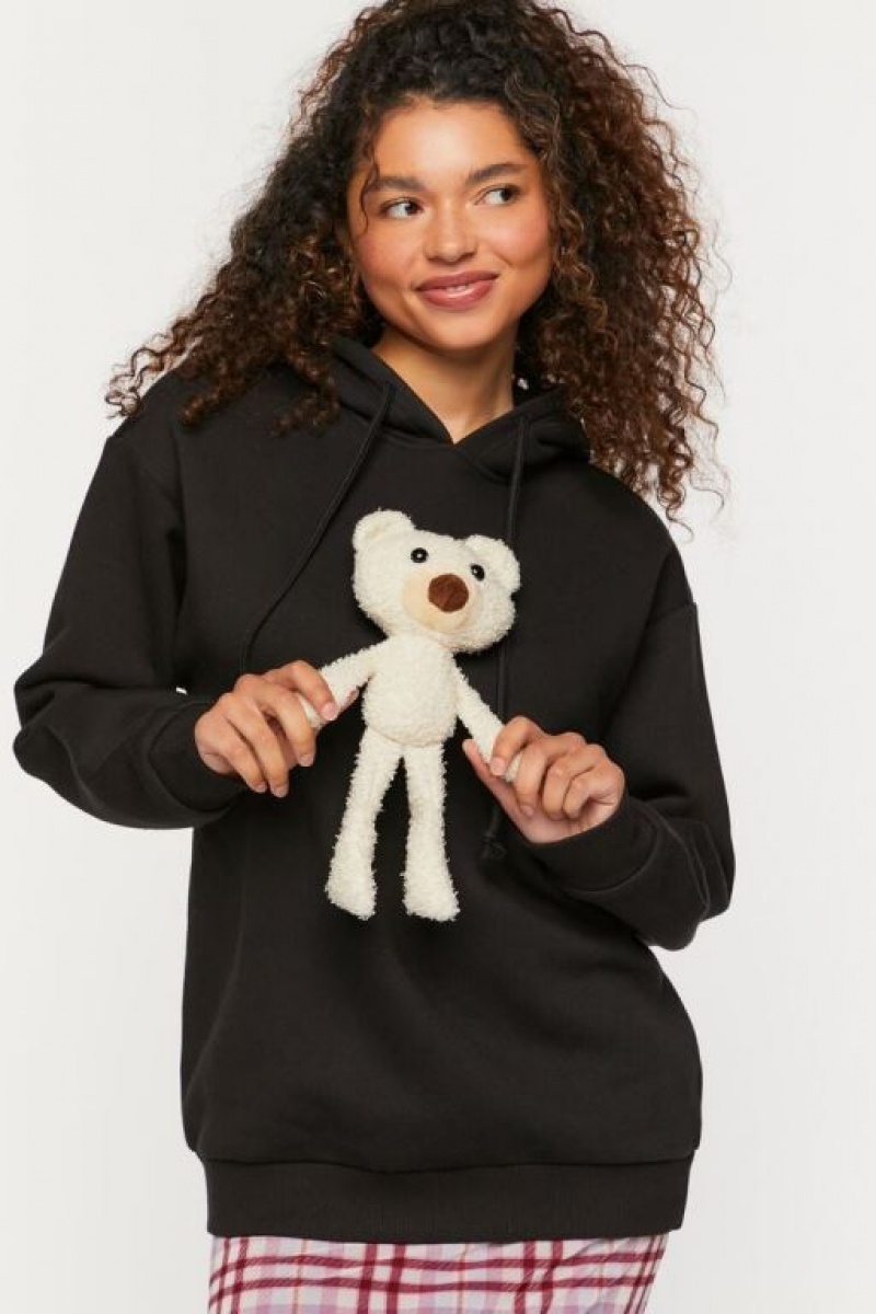 Sudadera con Capucha Forever 21 Teddy Bear Fleece Mujer Negras Multicolor | j1nD8a3mMSF