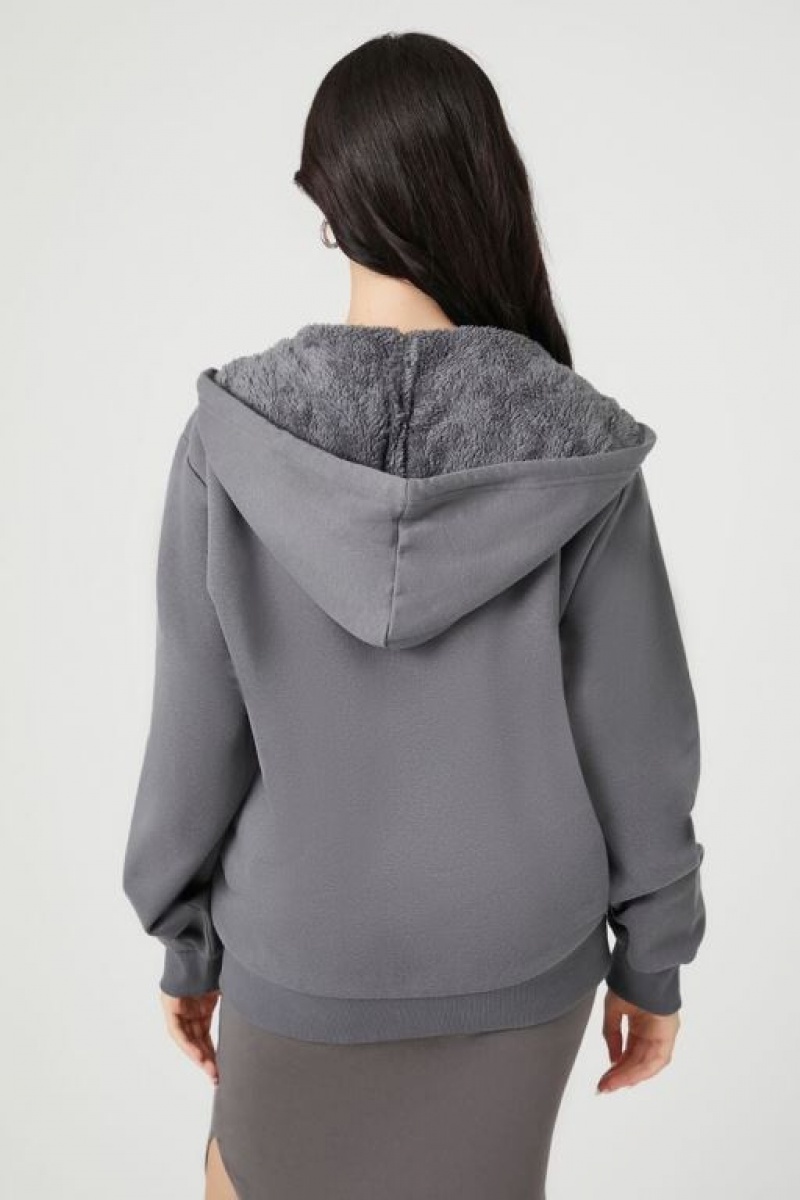 Sudadera con Capucha Forever 21 Unisex Fleece Zip Up Mujer Gris | wpBK554ALNx