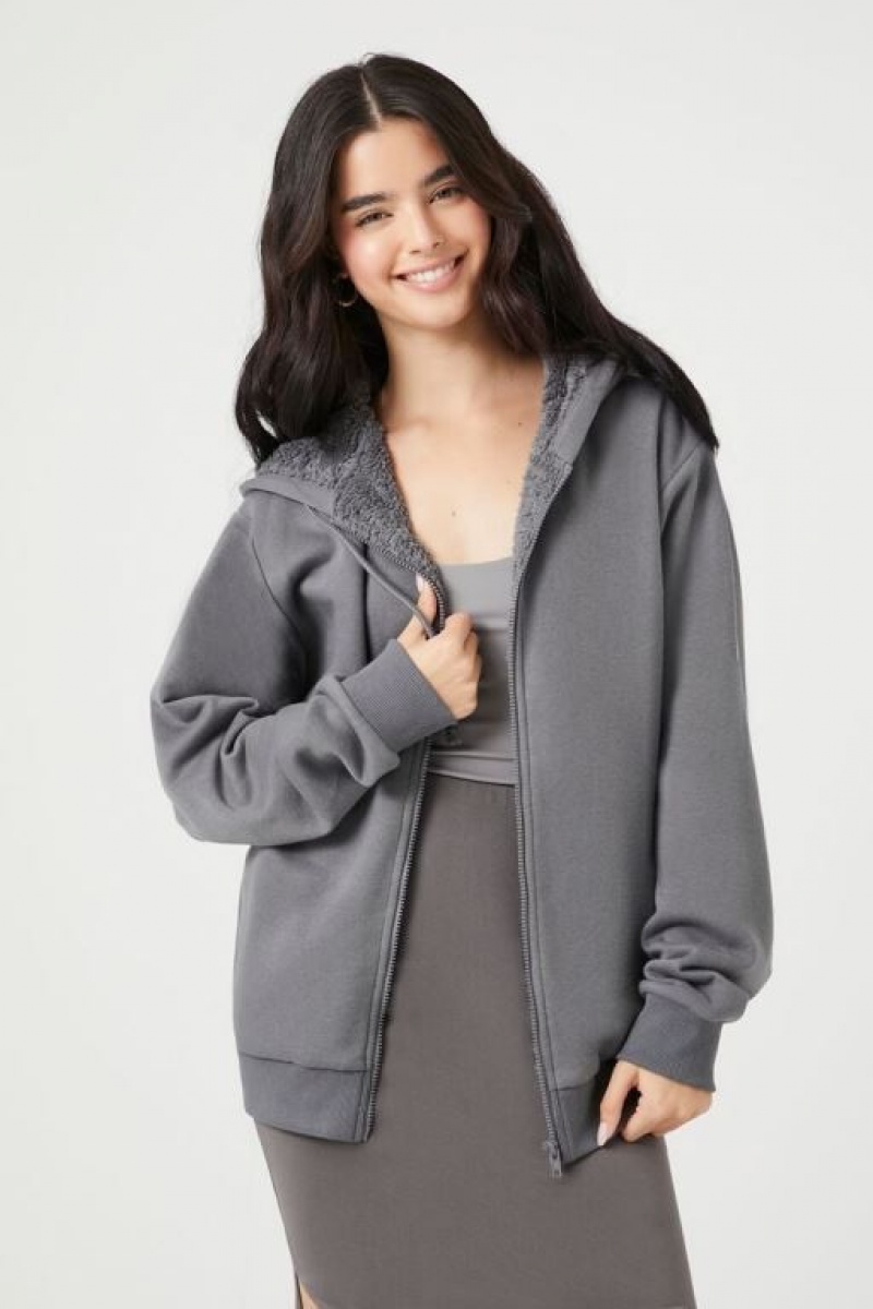 Sudadera con Capucha Forever 21 Unisex Fleece Zip Up Mujer Gris | wpBK554ALNx