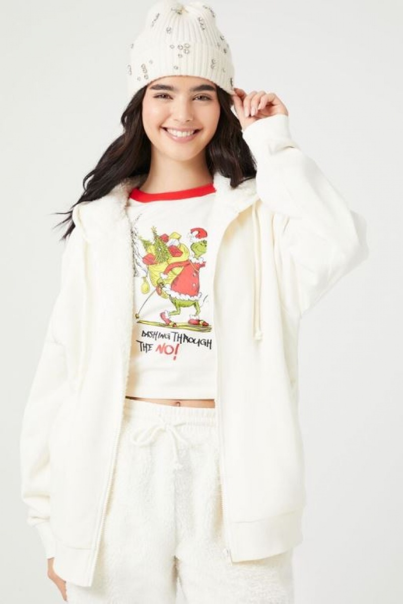 Sudadera con Capucha Forever 21 Unisex Fleece Zip Up Mujer Creme | pREqDKAF98h