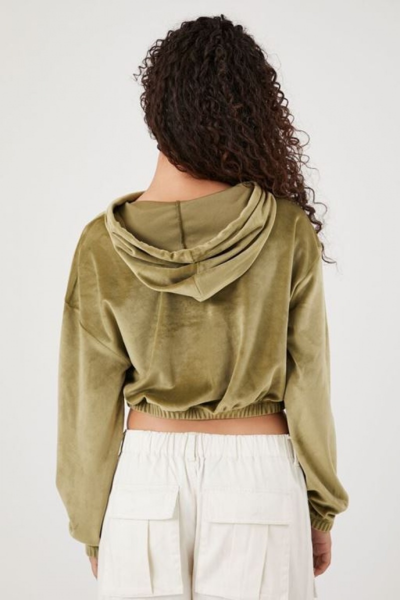 Sudadera con Capucha Forever 21 Velour Cropped Mujer Verde Oliva | 0AYNiqZSZjA