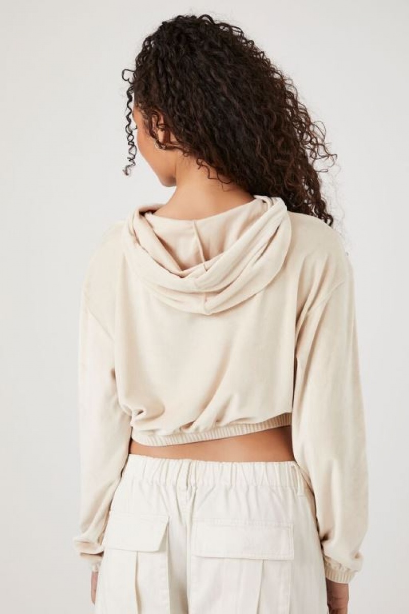 Sudadera con Capucha Forever 21 Velour Cropped Mujer Creme | uLWc1n0ok4K