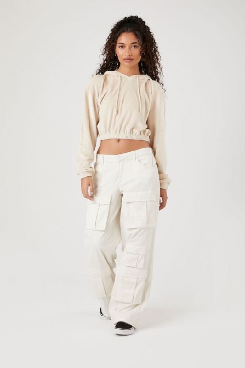 Sudadera con Capucha Forever 21 Velour Cropped Mujer Creme | uLWc1n0ok4K