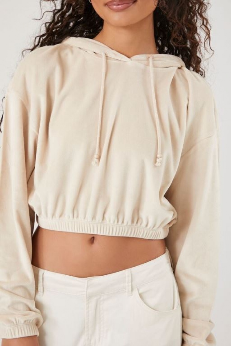 Sudadera con Capucha Forever 21 Velour Cropped Mujer Creme | uLWc1n0ok4K