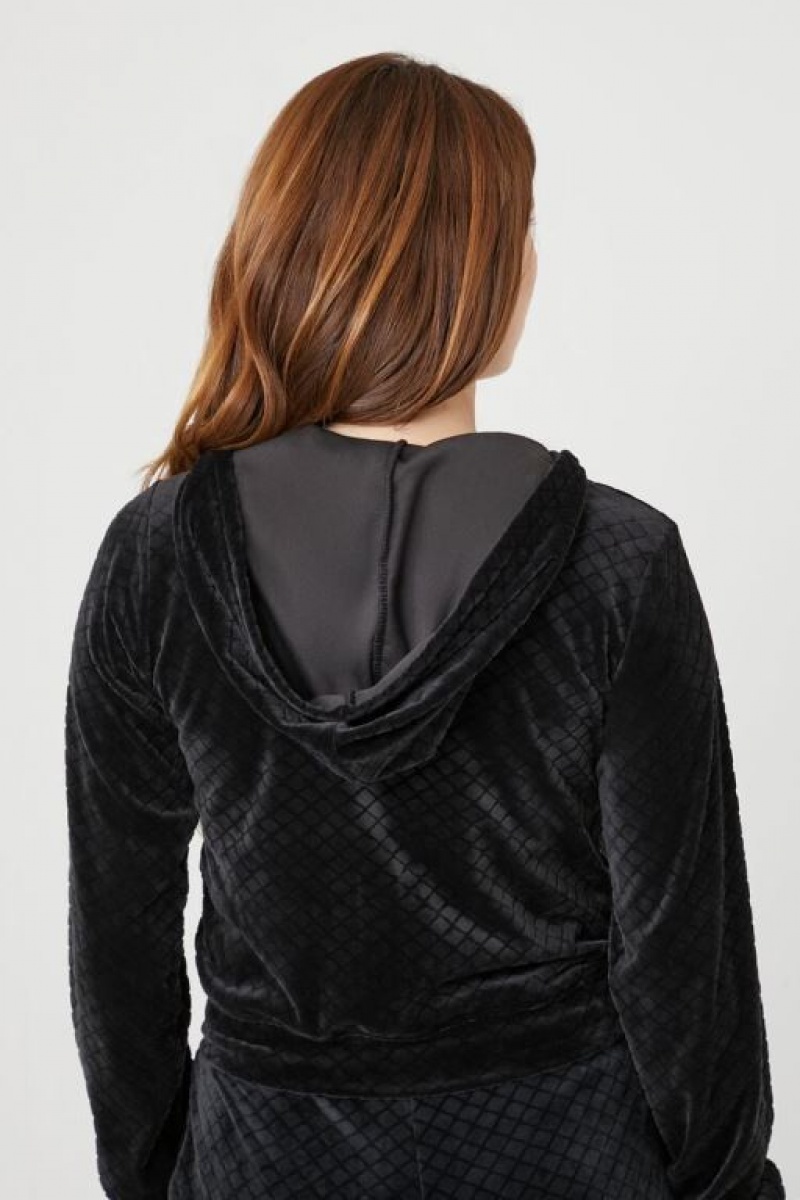 Sudadera con Capucha Forever 21 Velour Lattice Zip Up Mujer Negras | Vr1lXqA2hHT