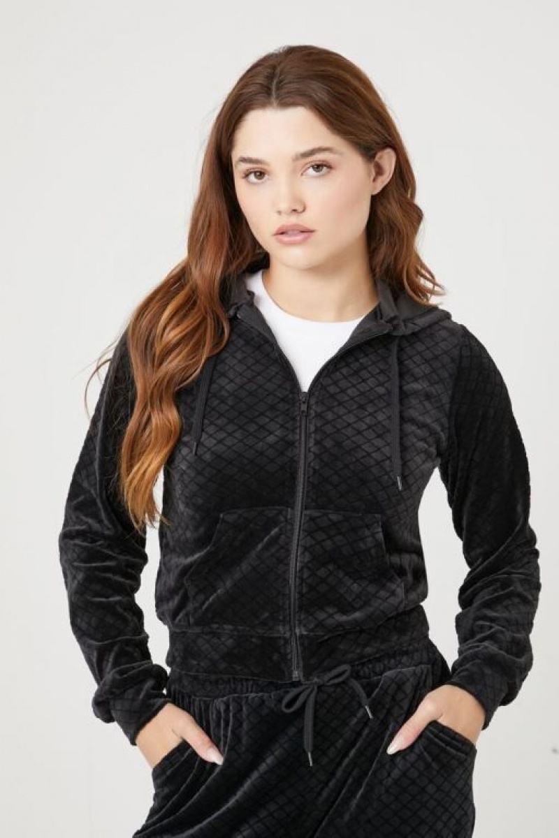 Sudadera con Capucha Forever 21 Velour Lattice Zip Up Mujer Negras | Vr1lXqA2hHT