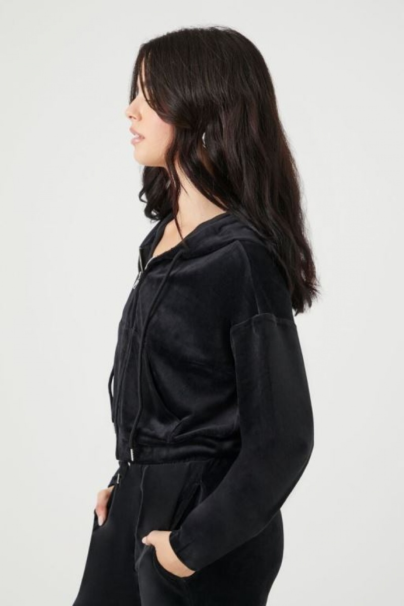 Sudadera con Capucha Forever 21 Velour Zip Up Mujer Negras | mQfL86PjlsO