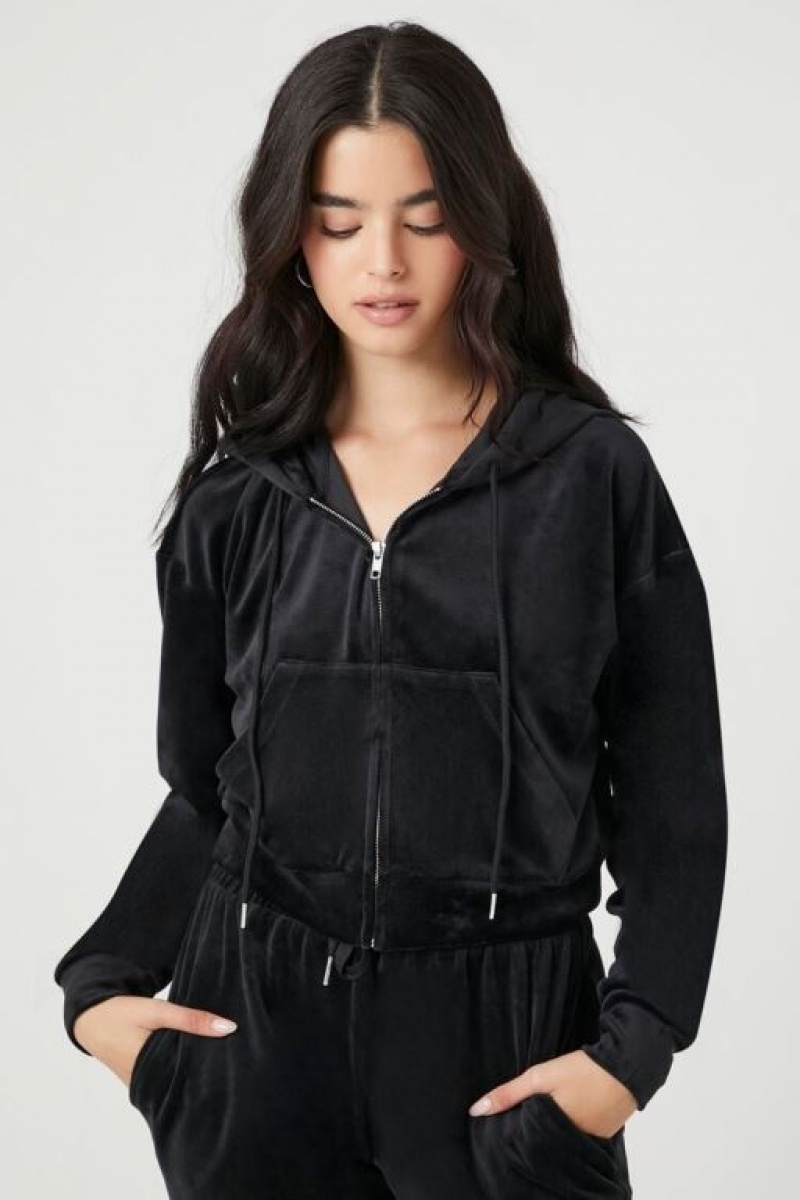 Sudadera con Capucha Forever 21 Velour Zip Up Mujer Negras | mQfL86PjlsO