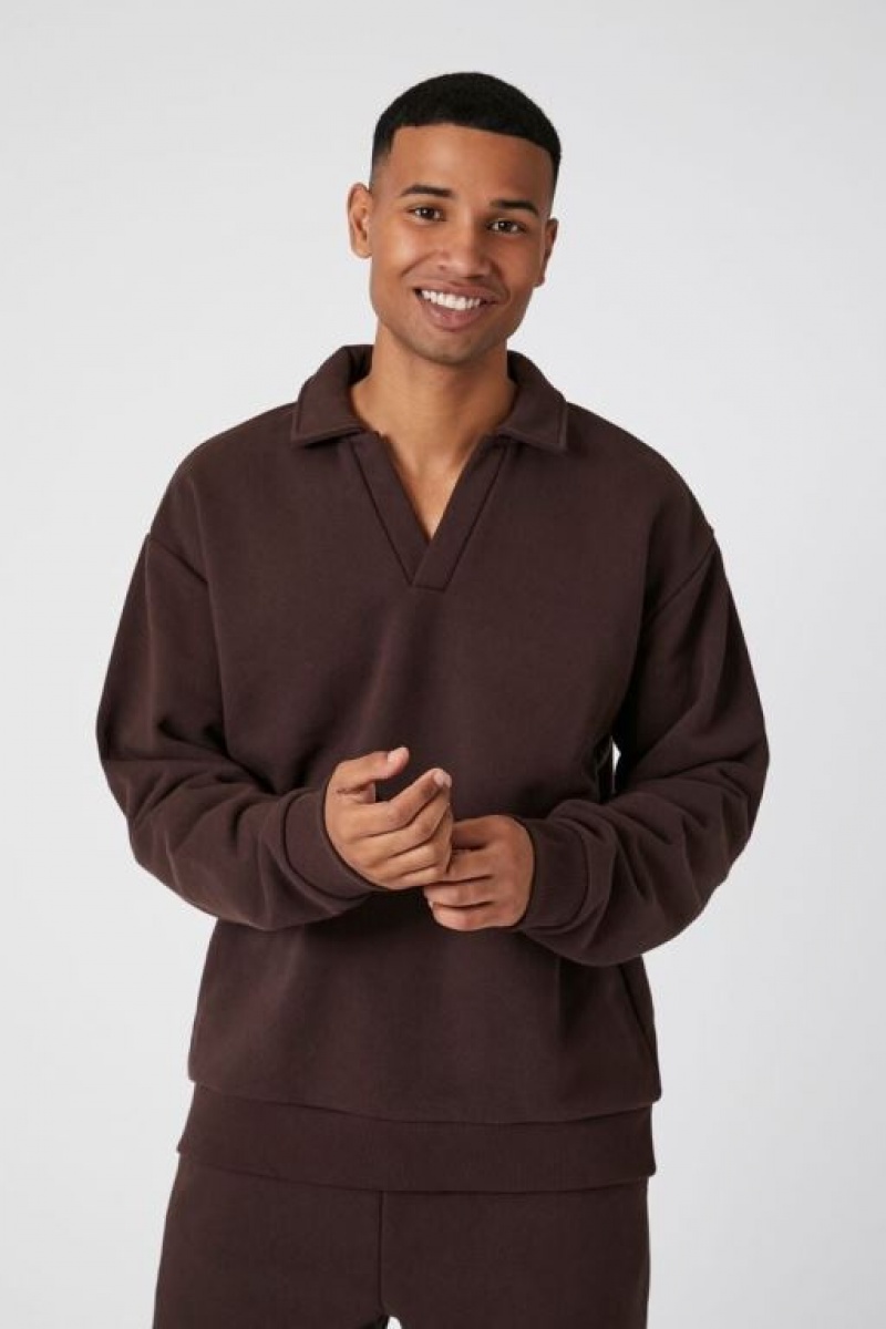 Sudaderas Forever 21 Collared Split Neck Hombre Cocoa | 2CETrhKVear