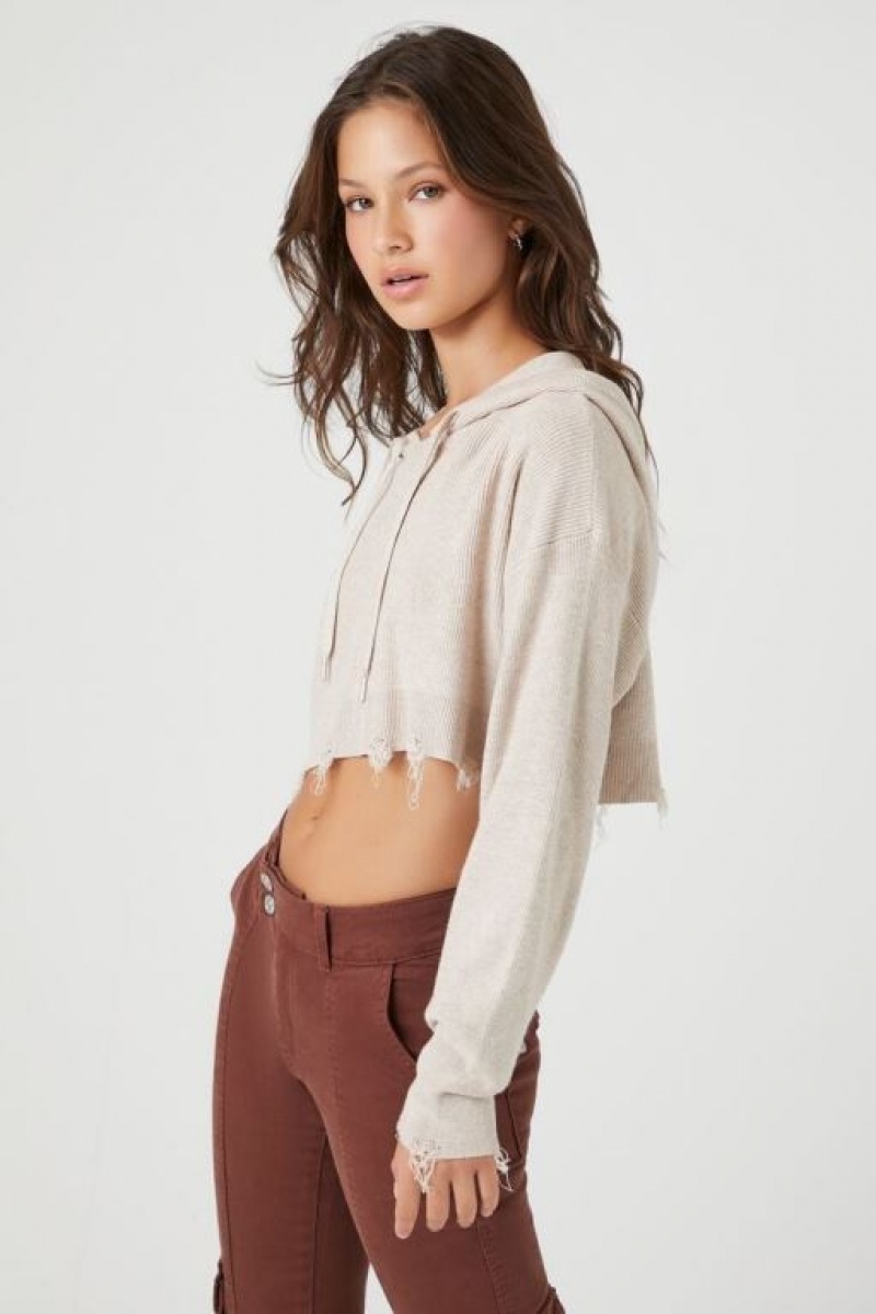 Sudaderas Forever 21 Distressed Hooded Crop Mujer Beige | UCXdqoVCfe4