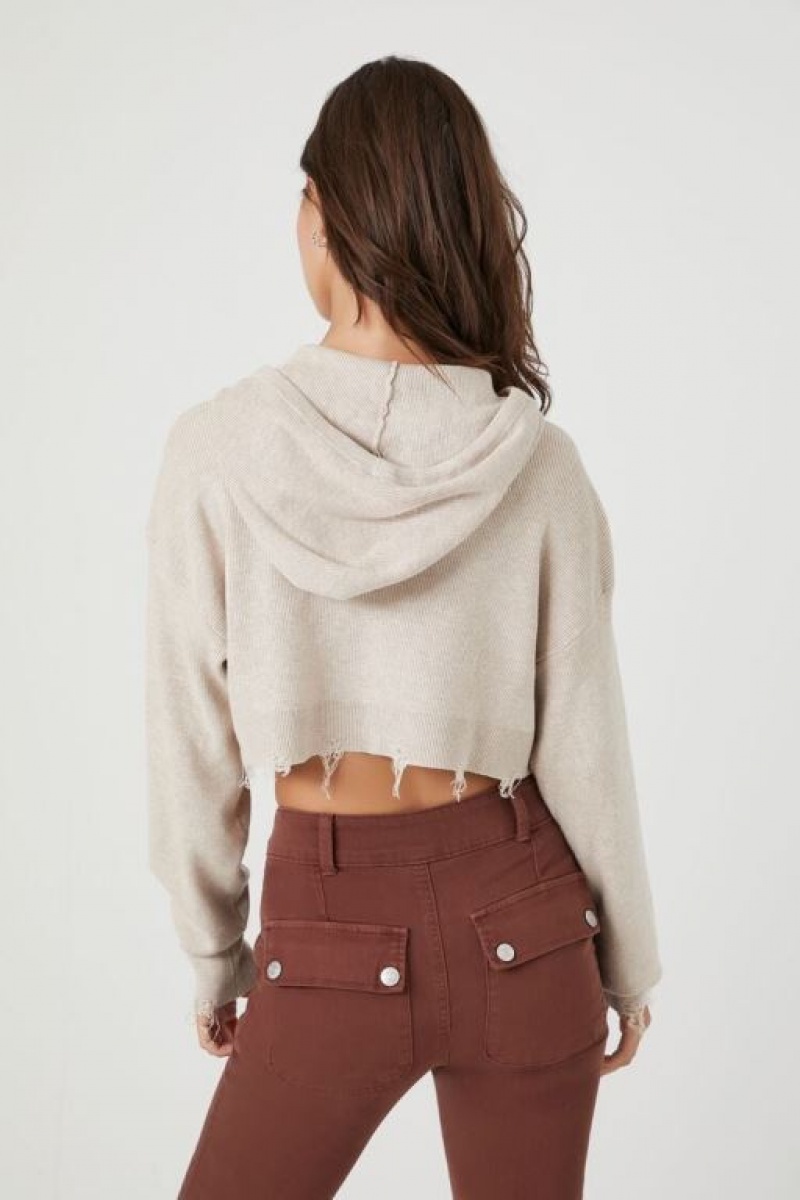 Sudaderas Forever 21 Distressed Hooded Crop Mujer Beige | UCXdqoVCfe4