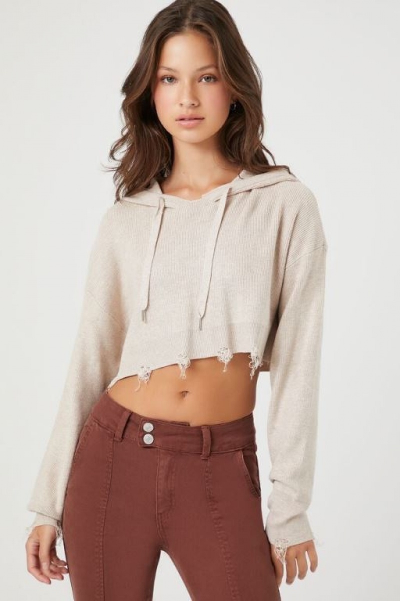 Sudaderas Forever 21 Distressed Hooded Crop Mujer Beige | UCXdqoVCfe4