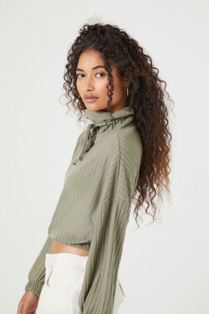 Sudaderas Forever 21 Drawstring Turtleneck Crop Mujer Verde Oliva | O8zmNCIzHp8