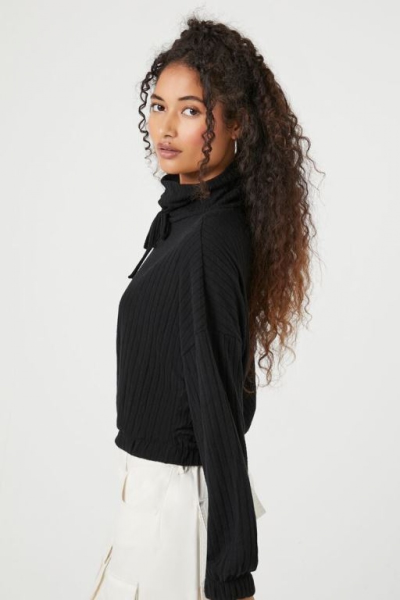 Sudaderas Forever 21 Drawstring Turtleneck Crop Mujer Negras | rEK35AOOitQ