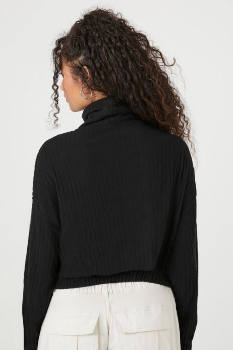 Sudaderas Forever 21 Drawstring Turtleneck Crop Mujer Negras | rEK35AOOitQ